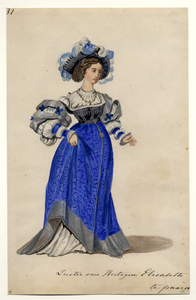 32723 Afbeelding van een kostuumontwerp van de zuster van hertogin Elisabeth, figurant in de maskerade van de studenten ...